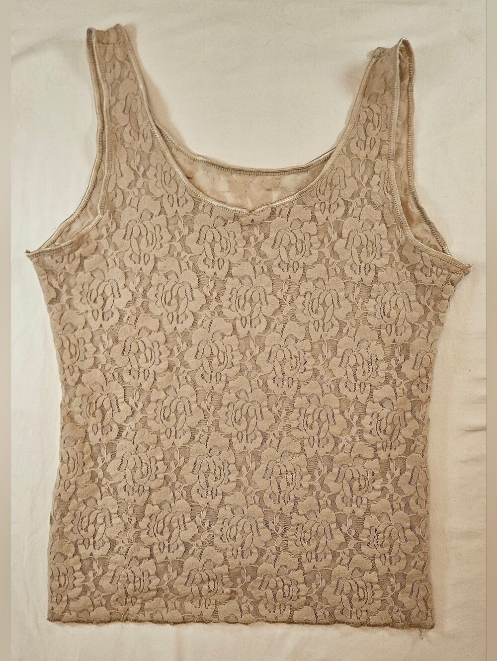 Worn Out Lingerie Womens Cream Sheer Lace Sleeveless Pullover Tank Top Sz Large